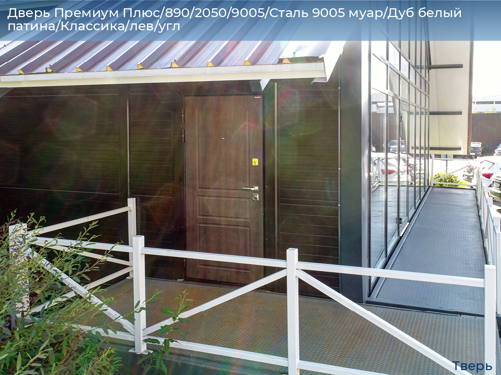Дверь Премиум Плюс/890/2050/9005/Сталь 9005 муар/Дуб белый патина/Классика/лев/угл, tver.doorhan.ru